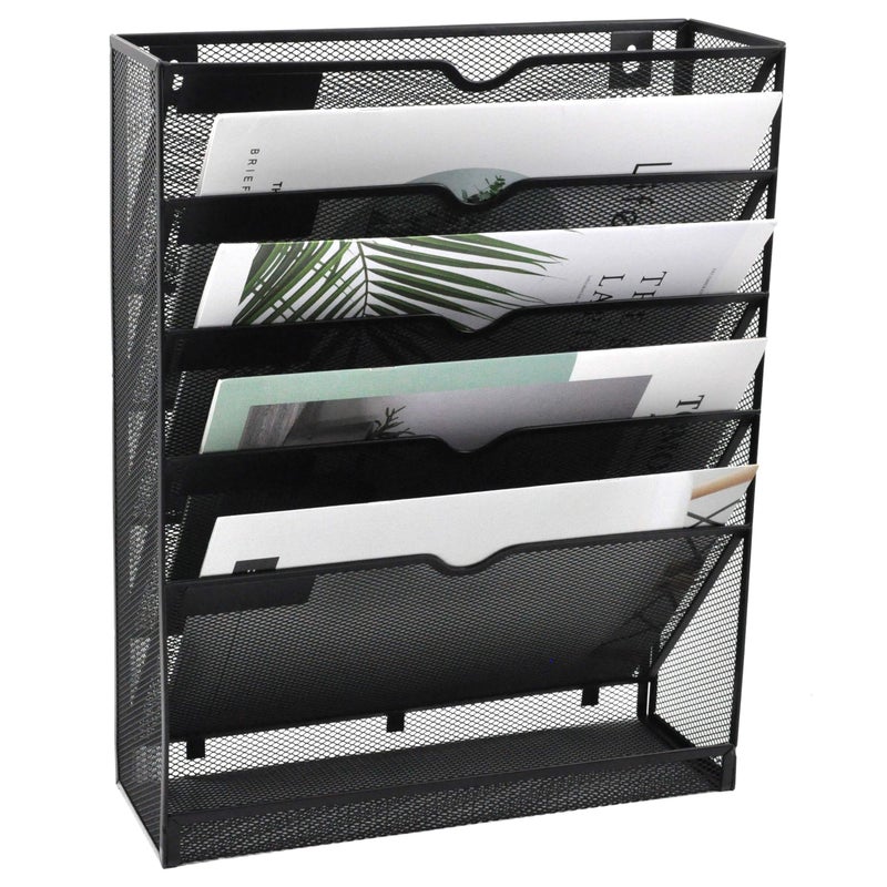 EASEPRES Desk File Organizer Mesh 6-Tier, Hanging Wall Mount Document Organization Stand, Desktop Vertical Mail Paper Folder Holder Rack with Bottom Tray for Office Home Cubicle, Sides Closed, Black - Image 1